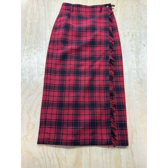 Breeches Plaid Wrap Skirt 100% Wool Fringe Trim Midi Vintage Made In USA Red 4 - Picture 1 of 10